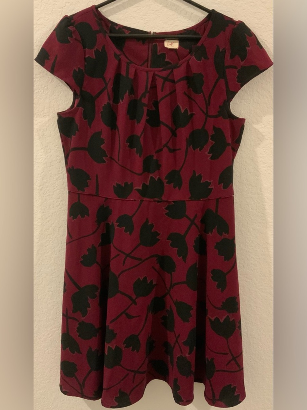 LOFT Burgundy Dress with Black Floral Accents